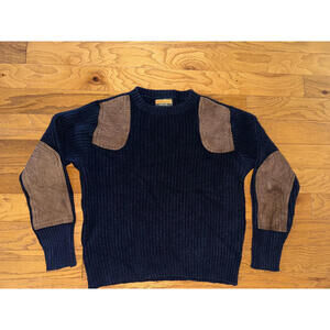 Ball & Buck 100% Wool Ribbed Sweater Navy w brown suede leather patches USA sz M